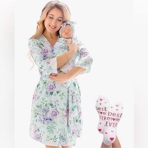 Floral Matching Robe Baby Swaddle Set & Socks Mommy and Me